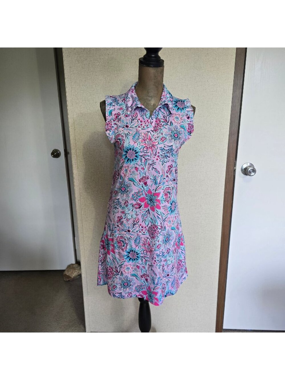 Gottex Small Sleeveless Floral Collared Dress Pink & Blue Pattern Pickleball